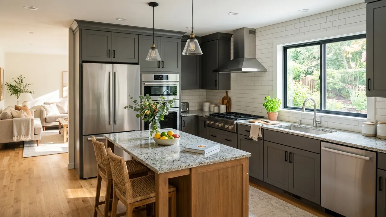 Modern staged kitchen with stainless steel refrigerator, oven range, and dishwasher in residential home