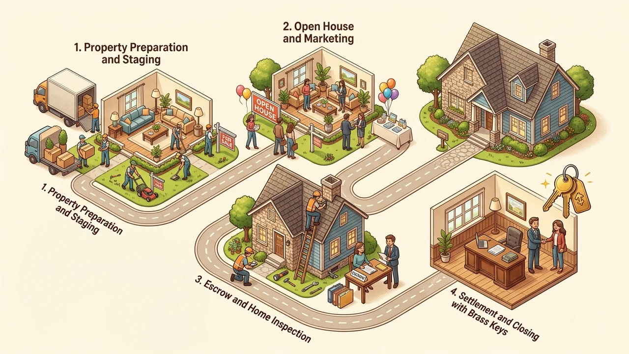 Isometric architectural roadmap illustration depicting the 4-stage residential home sale timeline