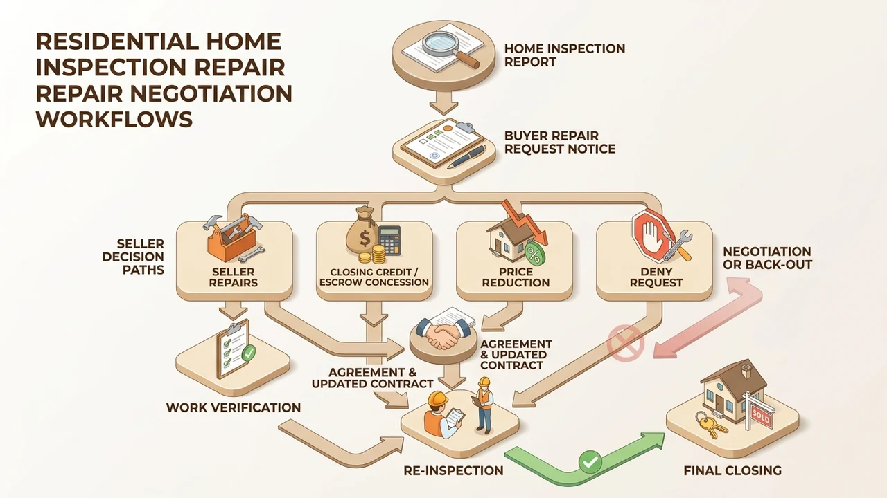 Figure 1: 3D flowchart diagram of buyer repair requests, seller options including credits, price reduction, repairs, and re-inspection