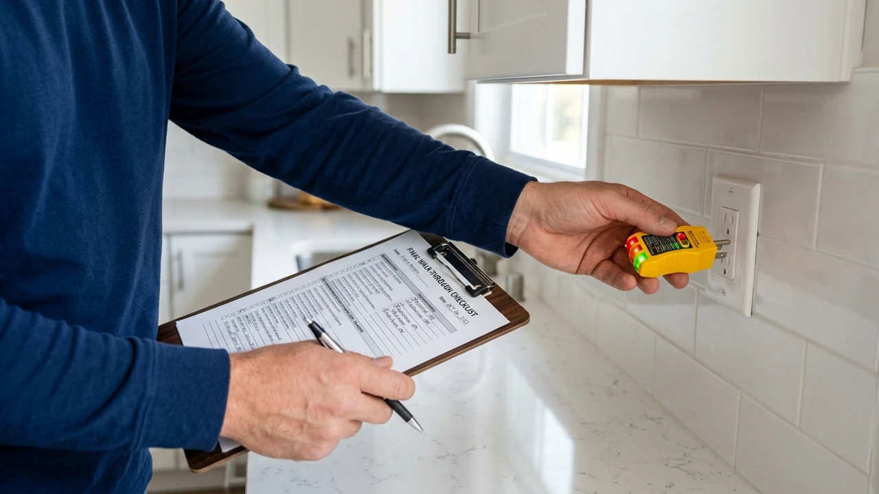 Figure 2: Homebuyer testing a three-prong GFCI electrical outlet with a digital receptacle tester during final walkthrough