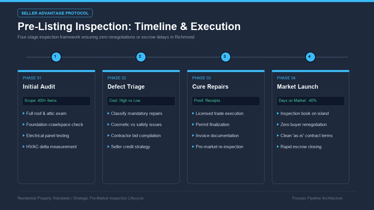 Four-phase process pipeline detailing initial audit defect triage repairs and market launch for home sellers