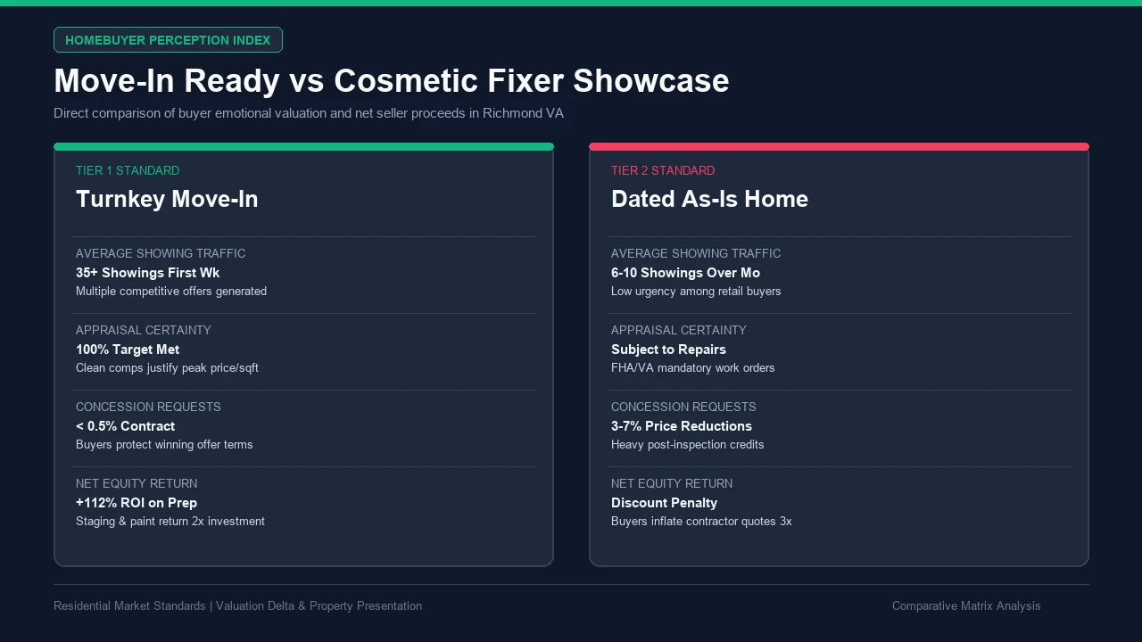 Comparative matrix contrasting buyer showing volume appraisal certainty and net seller return between turnkey and fixer homes