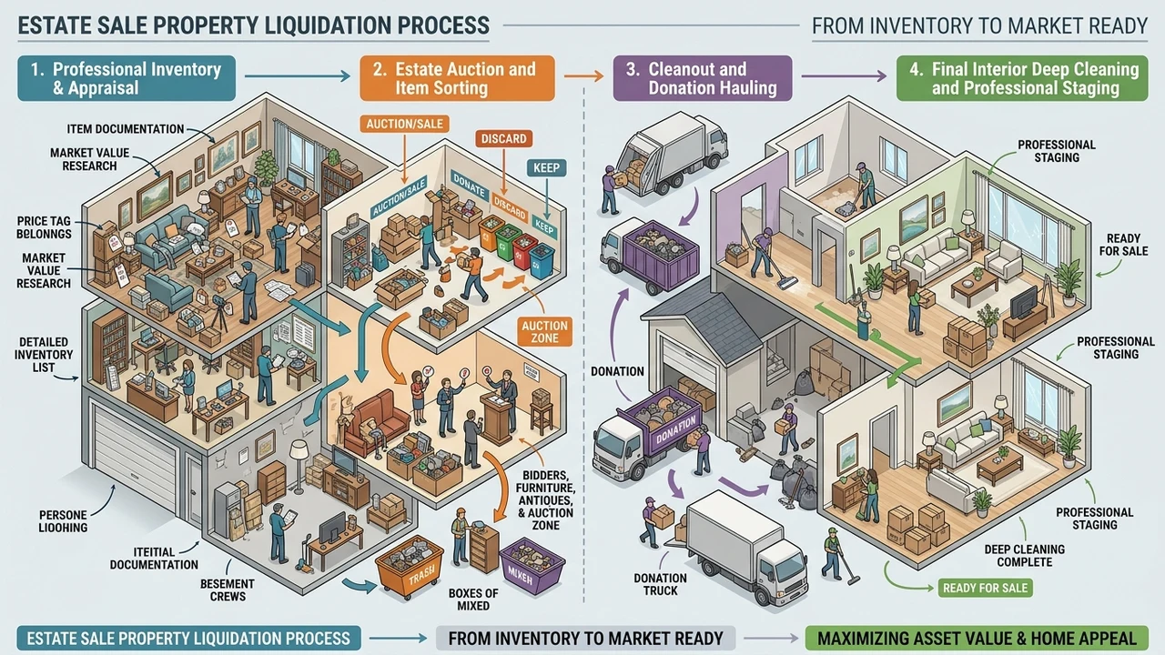 Figure 1: 3D cutaway diagram of estate property liquidation phases from inventory appraisal to market-ready staging