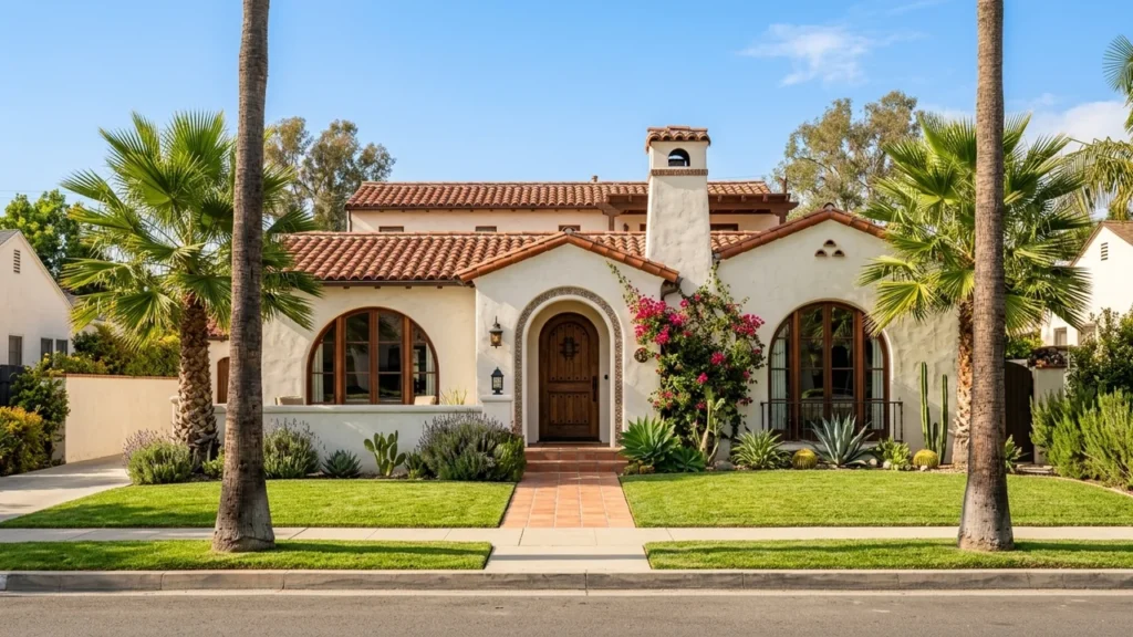Beautiful residential home with manicured green lawn, sculpted shrubs, and blooming garden beds