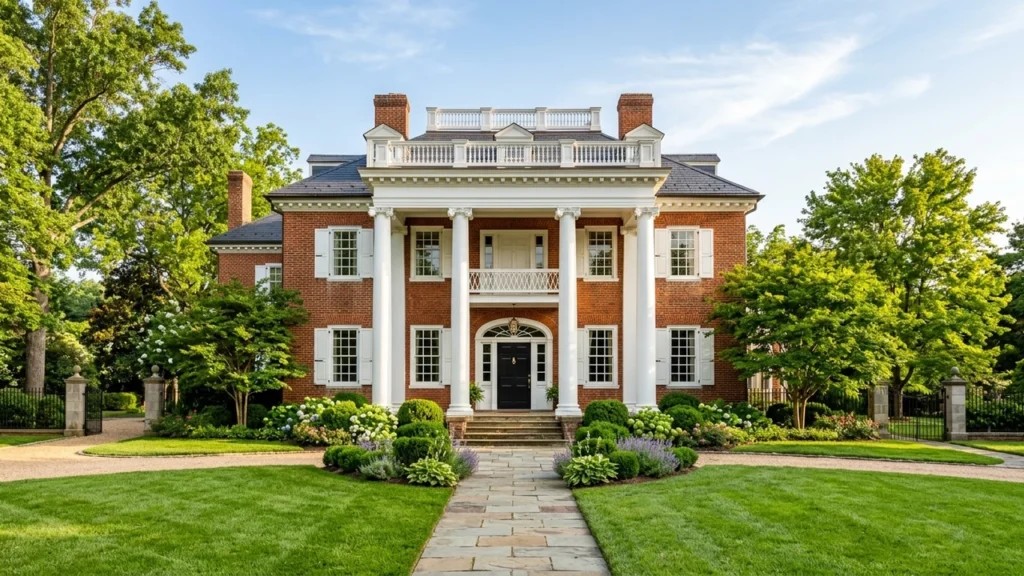 Stately historic red brick colonial home in Richmond Virginia with pristine landscaping and manicured lawn