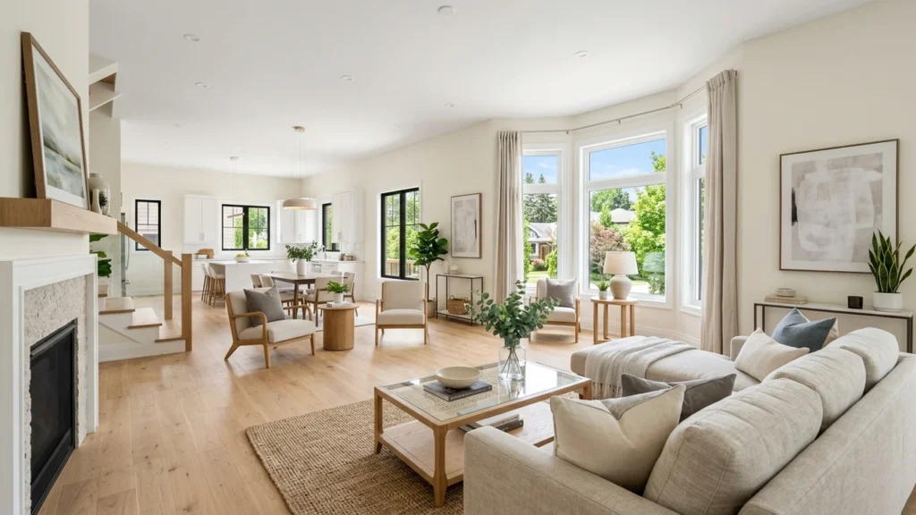 Sunlit modern renovated living room with hardwood floors neutral staged furniture and large bay windows