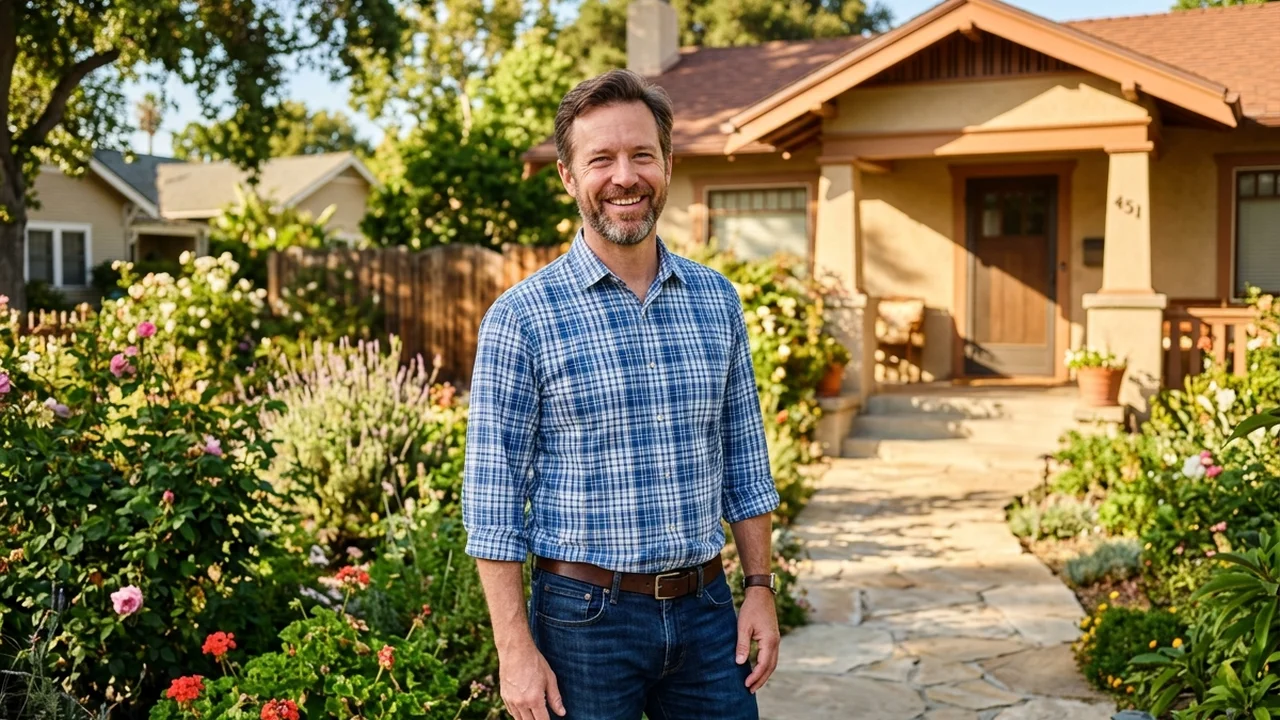 Homeowner tending to colorful seasonal landscaping and garden beds along front walkway