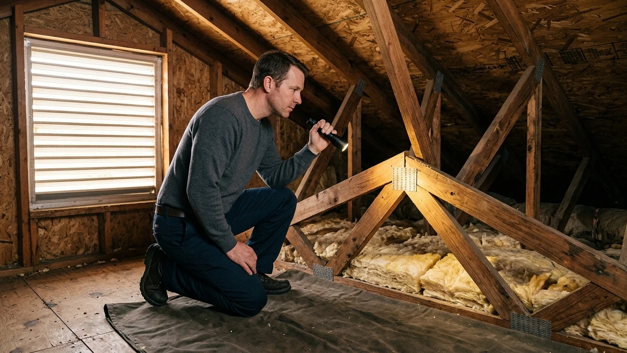 Certified home inspector with headlamp using thermal imaging camera to inspect attic insulation and rafters