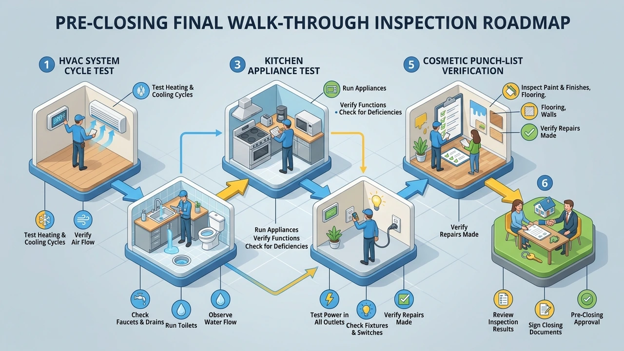 Figure 1: 3D isometric roadmap diagram detailing the 6 critical zones of a pre-closing final walk-through
