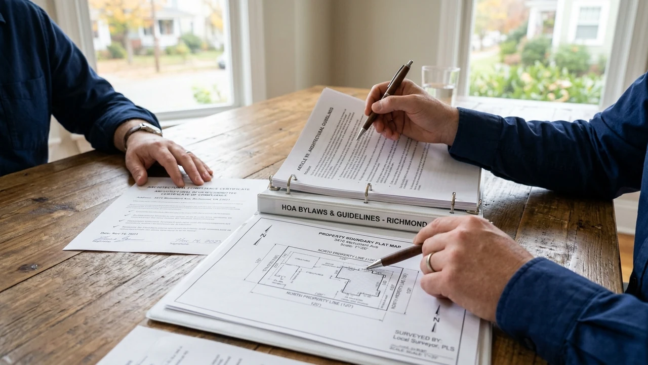 Figure 2: Real estate consultant and seller reviewing HOA bylaws binder and boundary plat map in Richmond VA