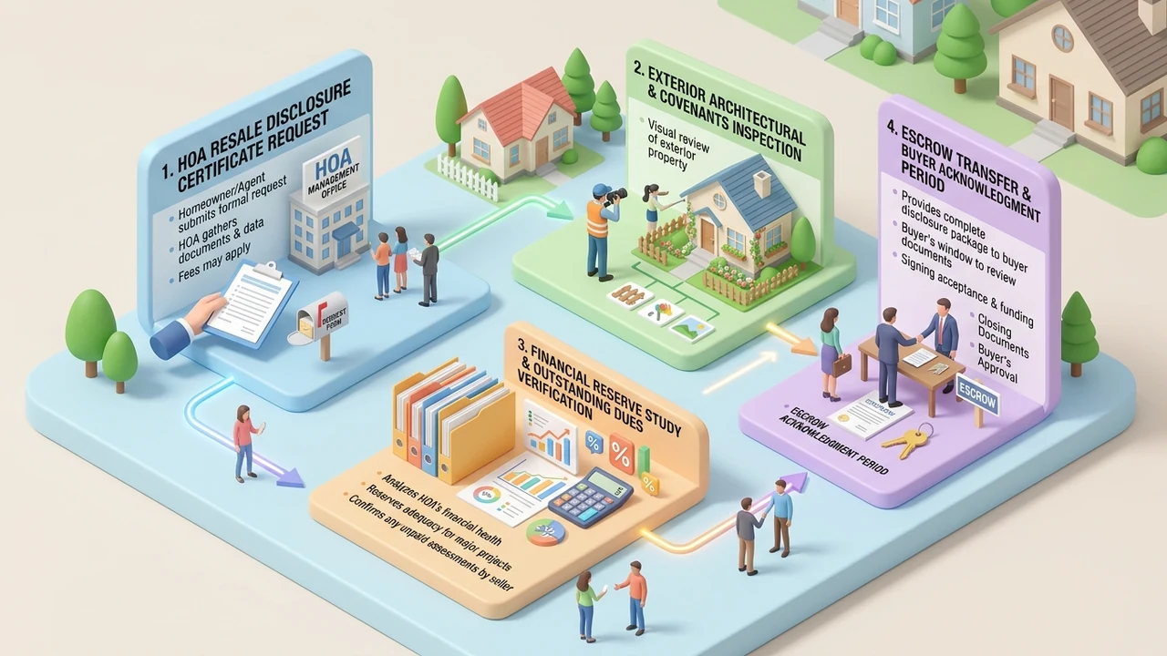 Figure 1: 3D isometric infographic showing the 4 stages of the HOA resale disclosure package workflow
