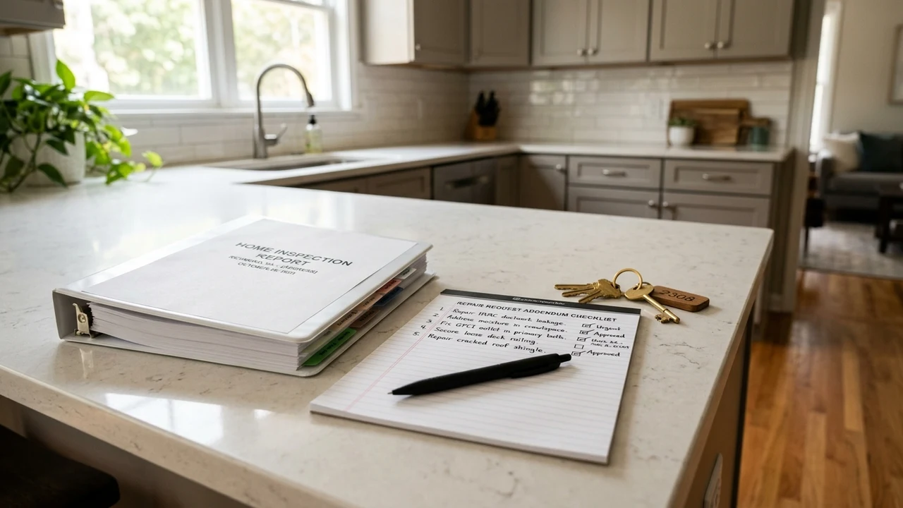 Home inspection report binder and repair request checklist on kitchen counter