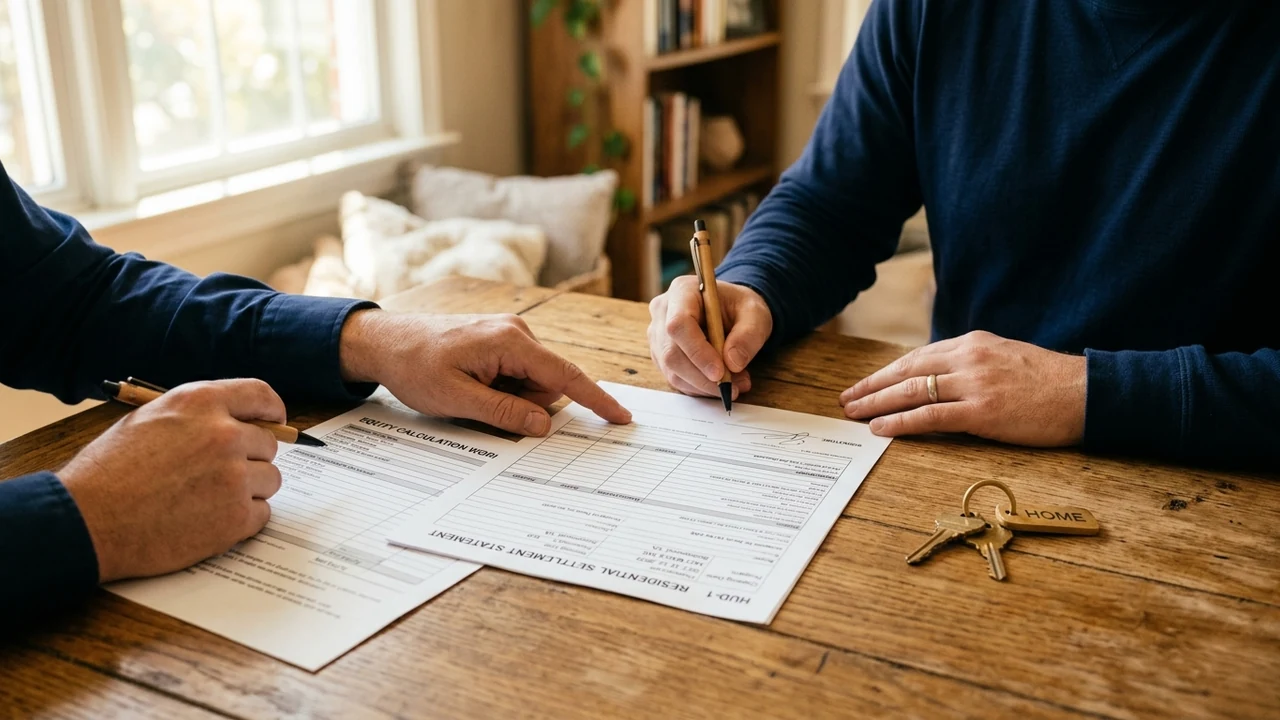 Figure 2: Homeowner and real estate advisor reviewing residential settlement statement and home equity calculations