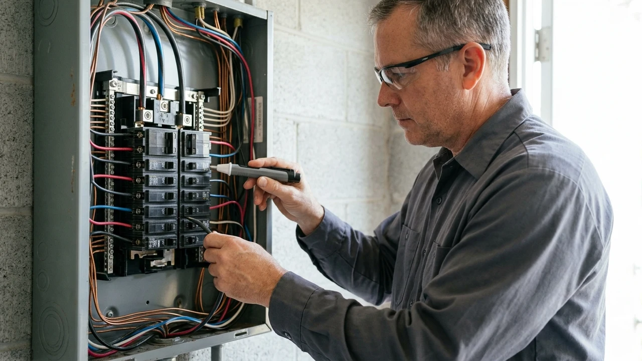 Figure 2: Home inspector in solid charcoal shirt inspecting electrical breaker panel with digital voltage probe