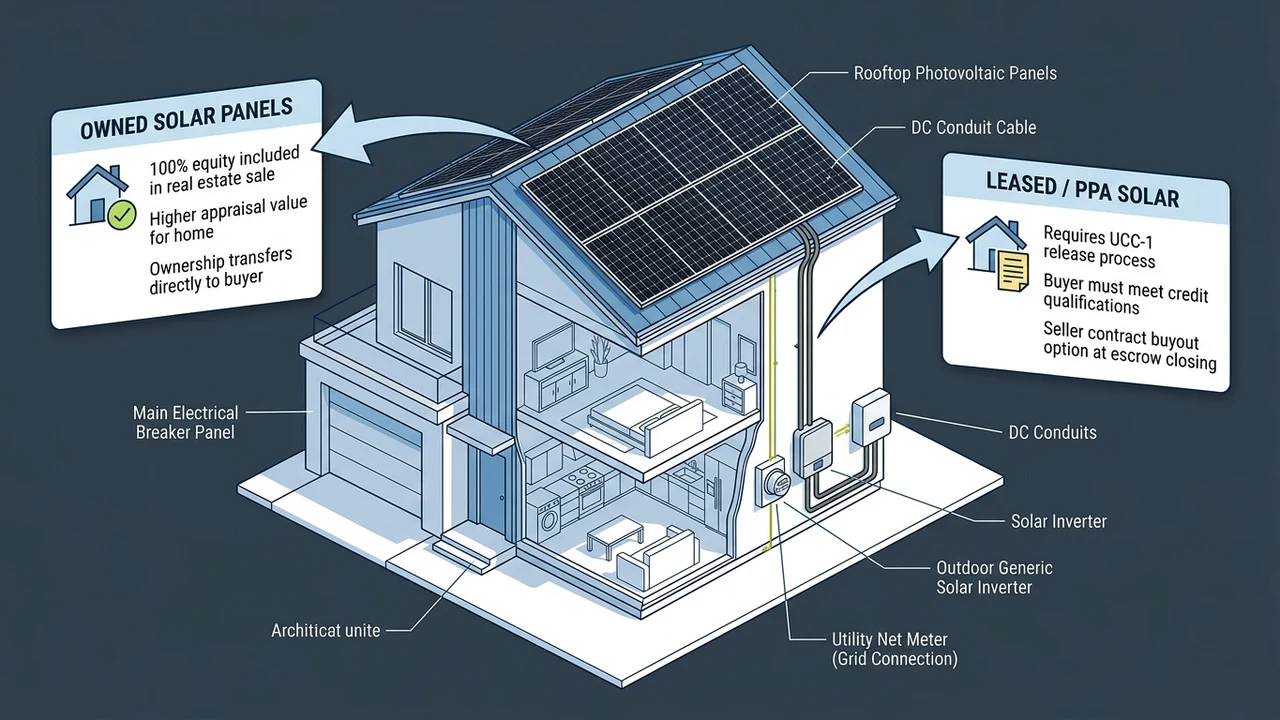 Figure 1: 3D architectural diagram illustrating owned vs leased solar energy systems and escrow transfer options