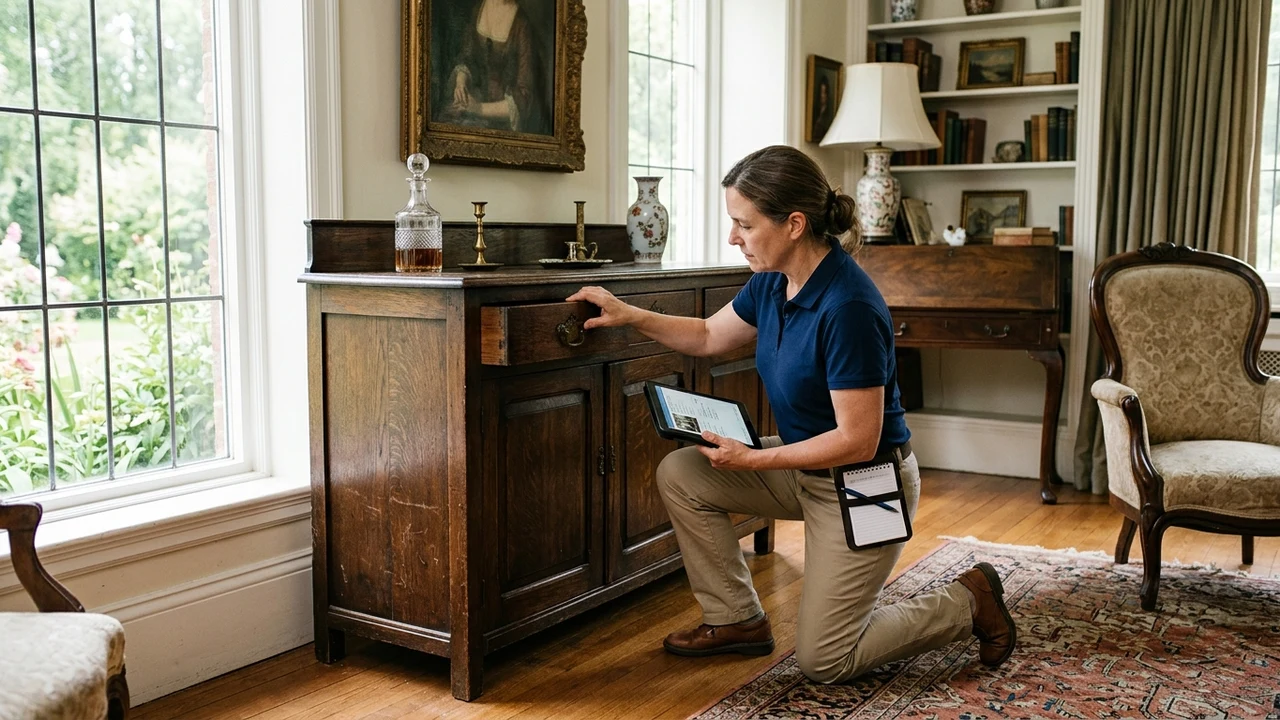 Figure 2: Estate appraiser inspecting antique wooden credenza and logging condition on tablet in historic home
