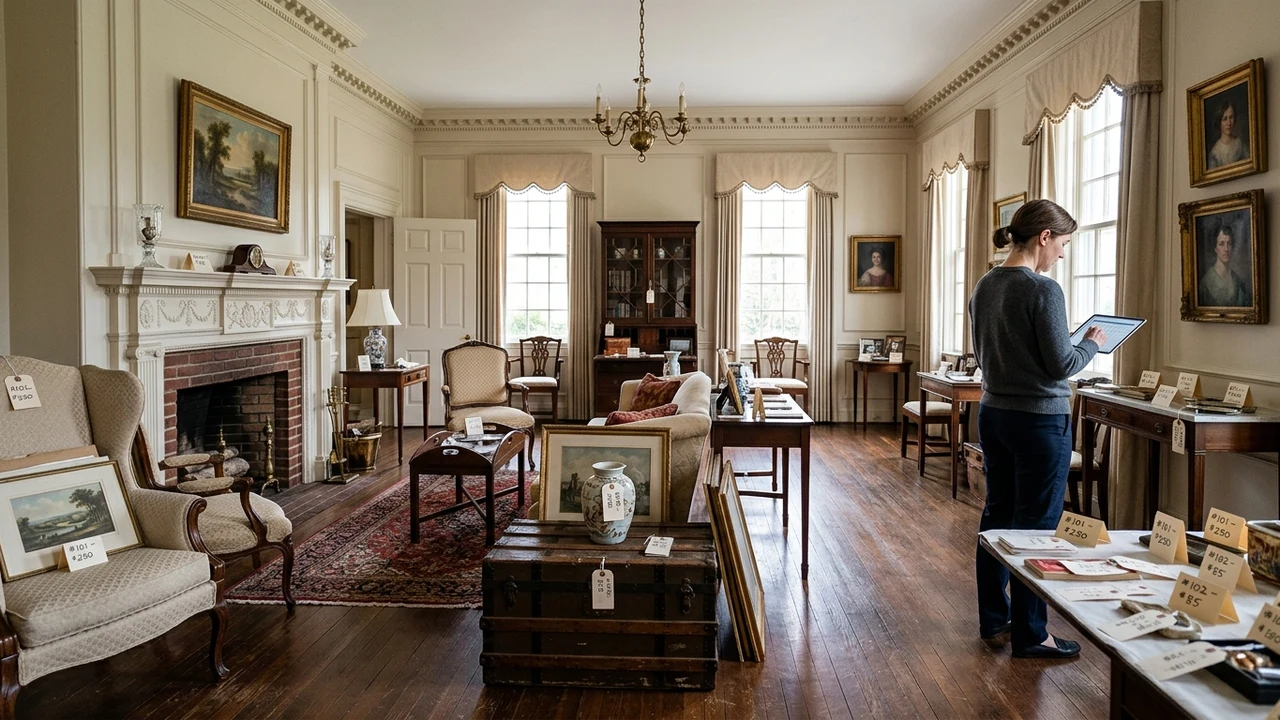 Historic Richmond living room during professional estate inventory sorting and real estate pre-sale preparation