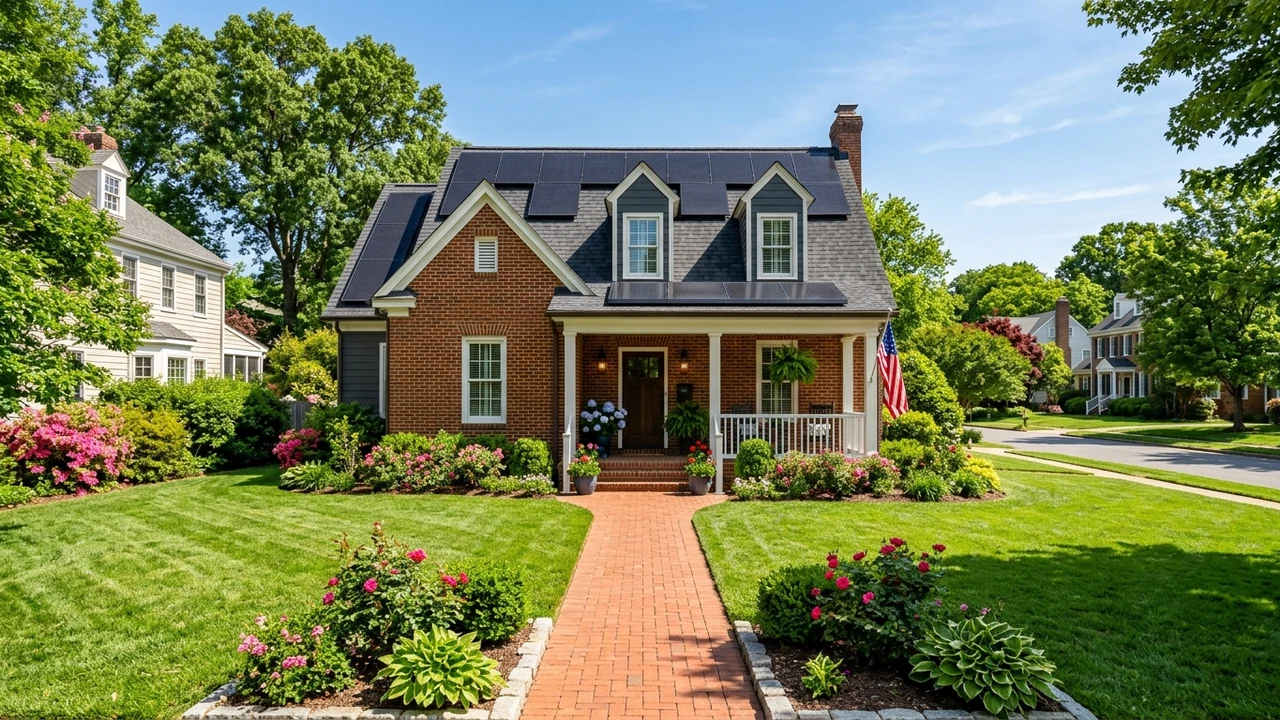 Suburban Richmond VA home with rooftop solar panels and landscaped brick walkway