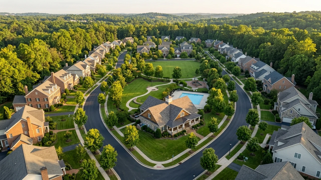 Elevated aerial drone photograph of a master-planned Richmond VA suburban neighborhood with HOA park