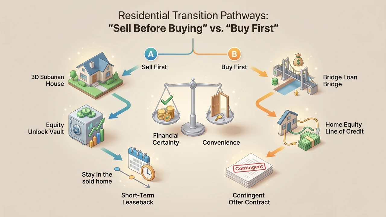 Figure 1: 3D isometric decision tree diagram comparing sell first versus buy first pathways, equity unlock, and bridge loans