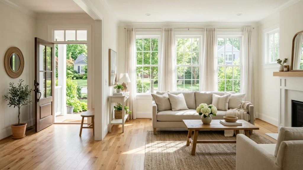 Bright, sunlit residential living room with clean hardwood floors and open windows prepared for a buyer home showing