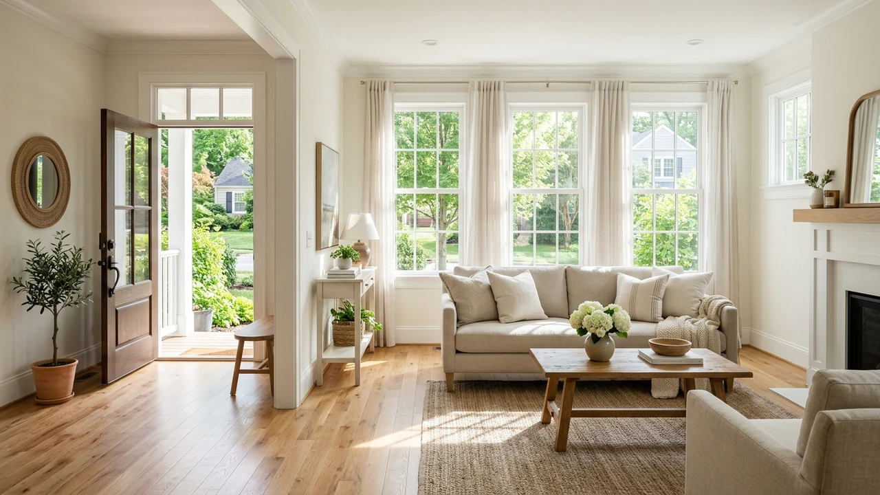 Bright, sunlit residential living room with clean hardwood floors and open windows prepared for a buyer home showing