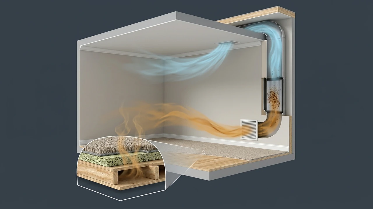 3D cross-section showing odor particles rising from porous carpet padding into a residential return air duct and being captured by a pleated carbon filter