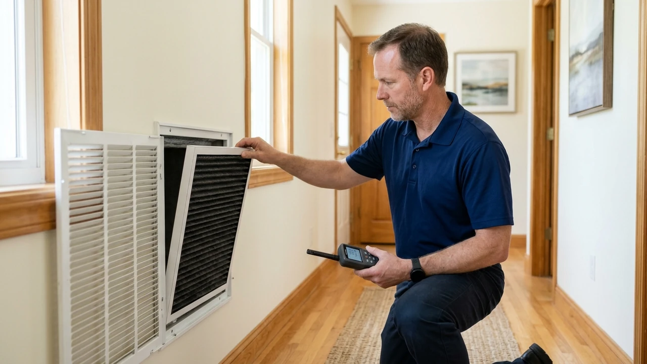 Specialist in a plain navy polo installing an activated-carbon pleated air filter into a residential return-air grille while checking an air quality meter