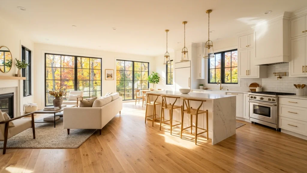 Newly renovated Richmond VA living room and white oak kitchen ready for listing