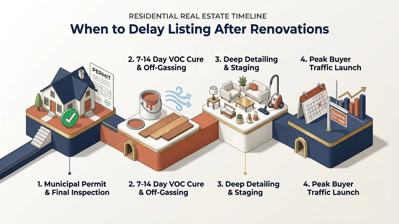3D timeline infographic showing when to delay listing a home after completing renovations