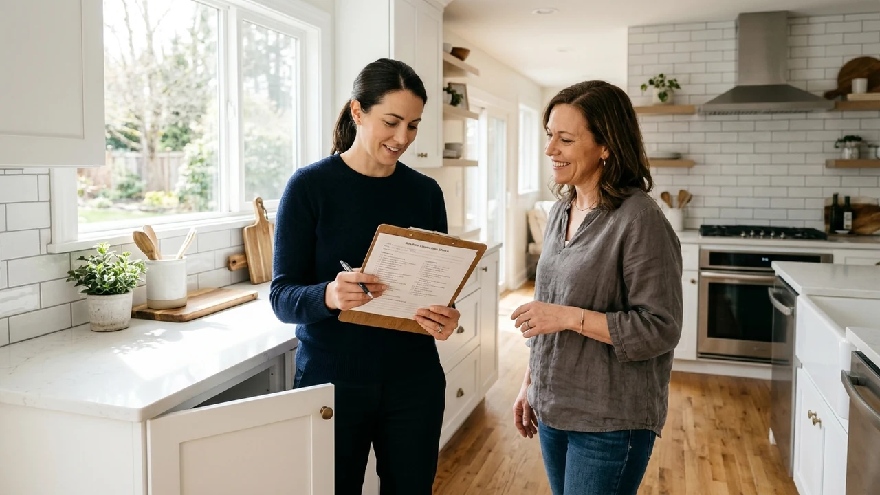 Richmond real estate advisor and homeowner reviewing final permit sign-offs and kitchen cabinetry
