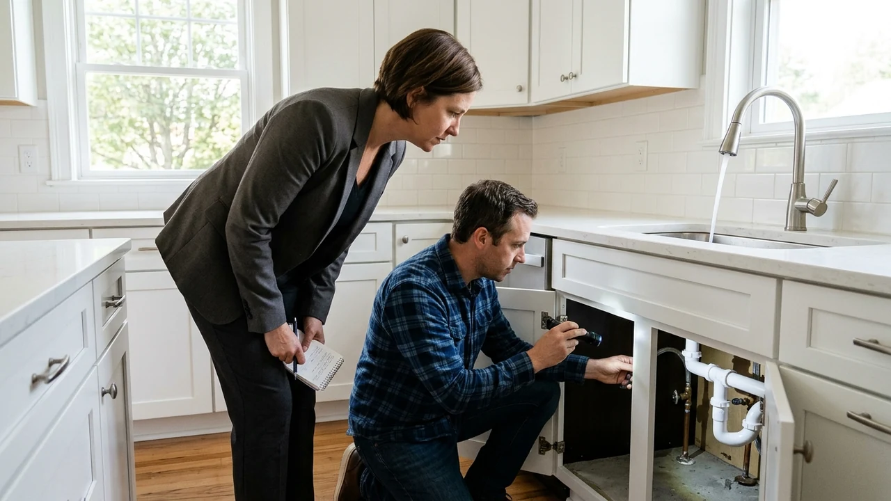 Real estate buyer agent and homebuyer testing kitchen plumbing and checking repairs during final walk-through
