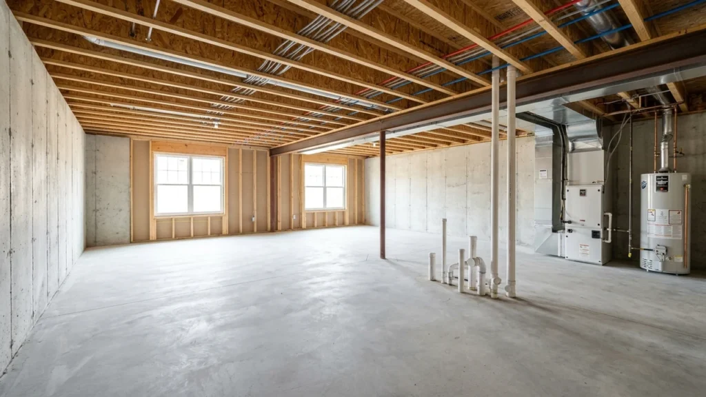 Clean dry unfinished basement in Richmond VA home with poured concrete walls and bathroom rough-in plumbing