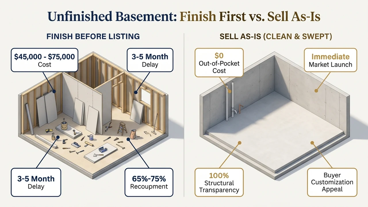 3D residential real estate ROI diagram comparing finishing a basement before selling vs listing as-is