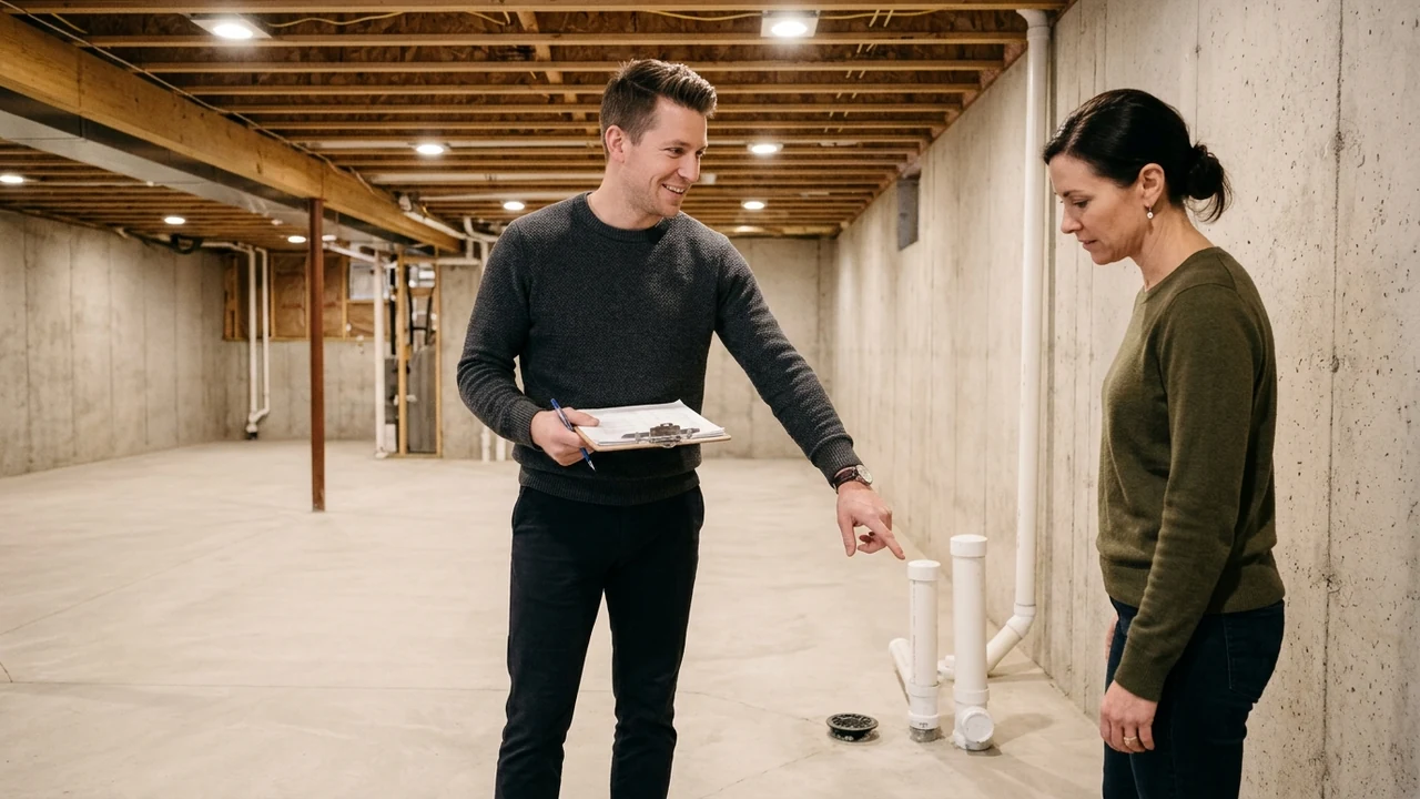 Richmond real estate listing agent and homeowner inspecting unfinished basement foundation and plumbing stub-outs