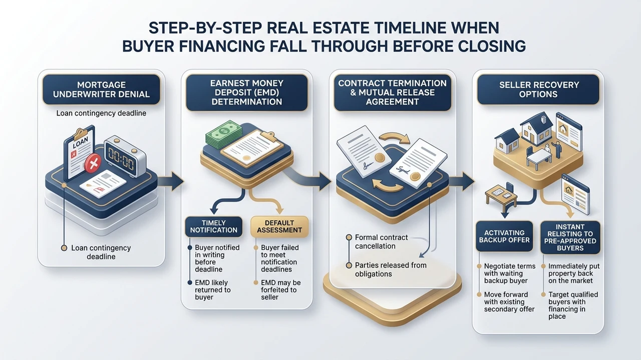 3D infographic timeline illustrating seller remedies and backup offer activation when buyer financing fails before closing