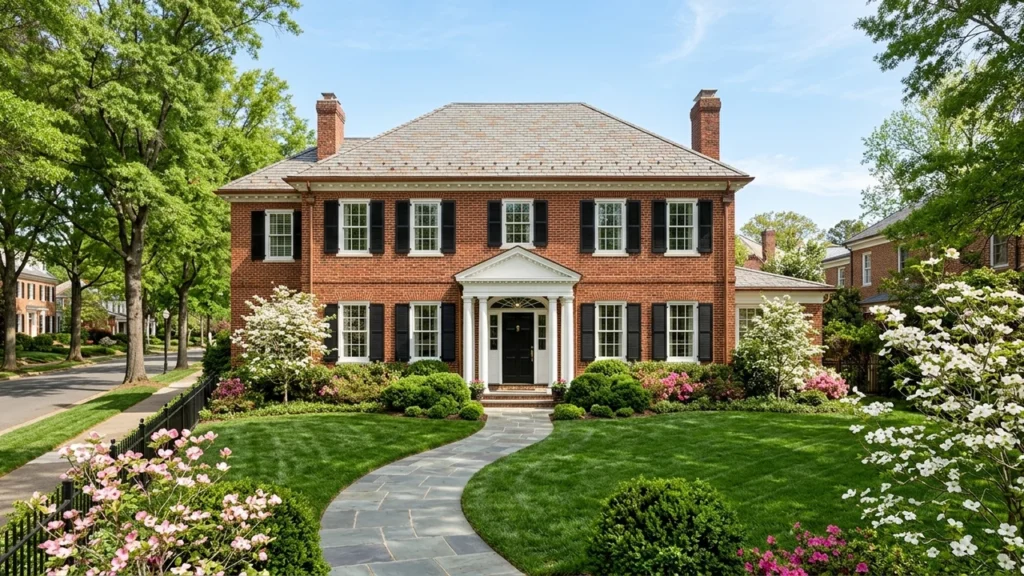 Architectural exterior of a classic brick colonial home with lush landscaping in a historic Richmond Virginia neighborhood