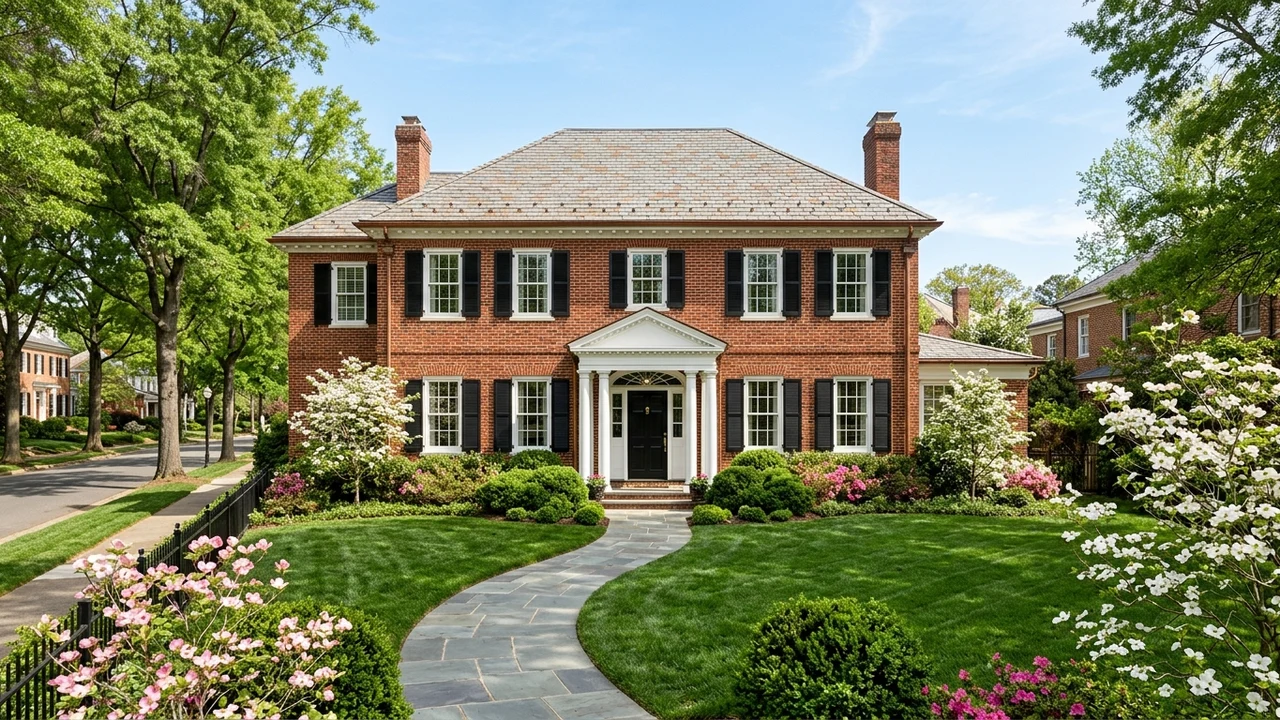 Architectural exterior of a classic brick colonial home with lush landscaping in a historic Richmond Virginia neighborhood