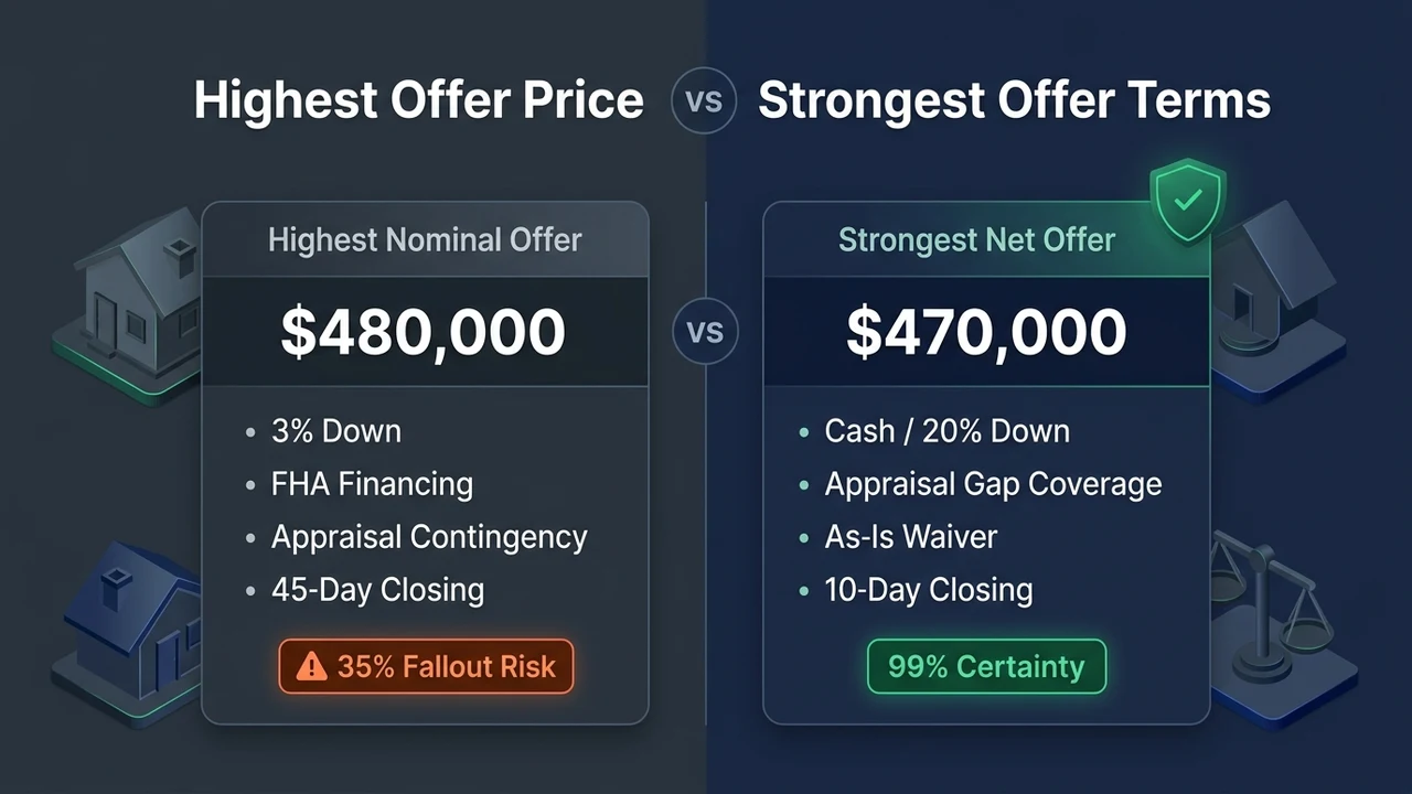 3D real estate comparison diagram evaluating Highest Nominal Offer Price with contingencies vs Strongest Net Offer with appraisal gap coverage