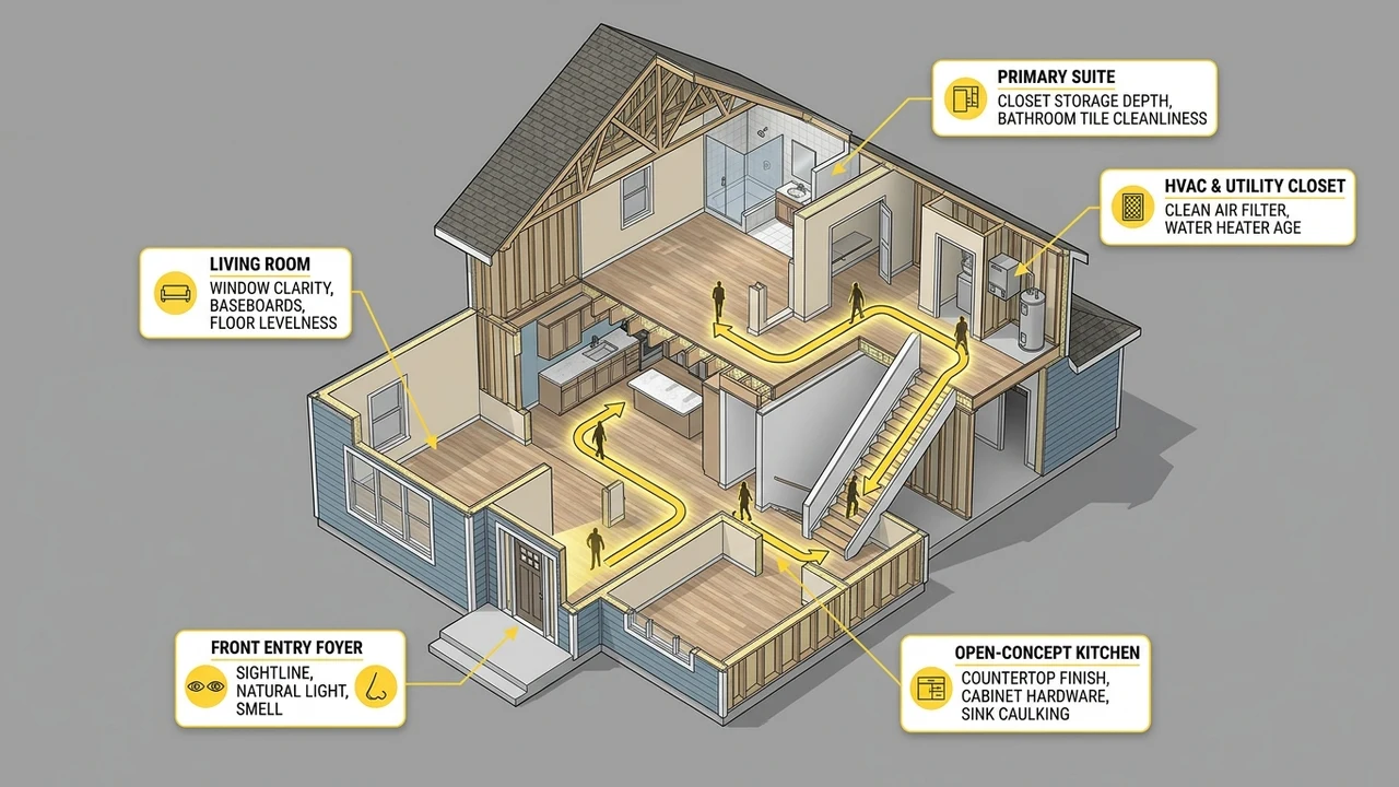 3D isometric architectural infographic showing buyer perception hotspots during a residential open house showing