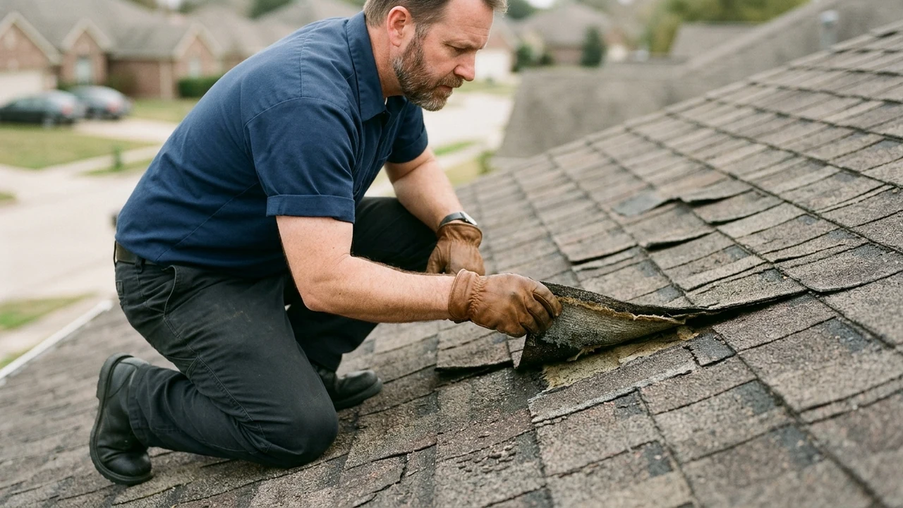 Figure 2: Home inspector on residential roof inspecting weathered asphalt shingle edge and granule wear