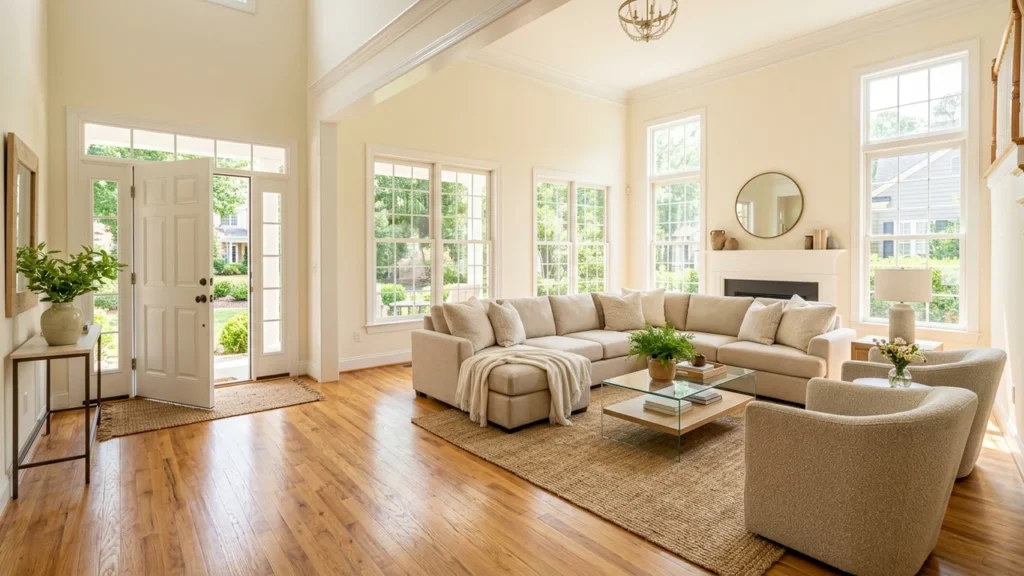 Bright sunlit living room of a professionally staged home in Richmond Virginia with neutral furnishings and natural hardwood flooring