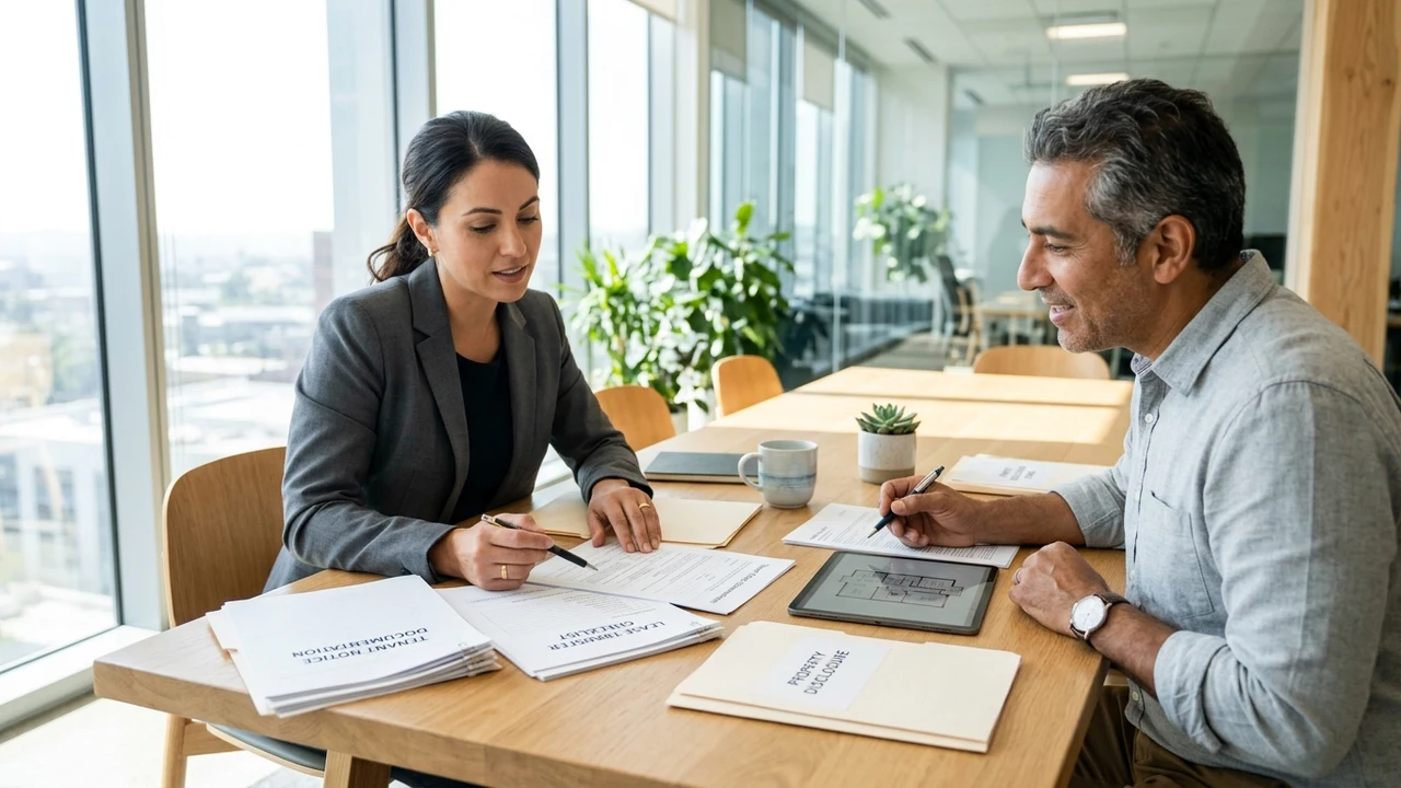 Real estate advisory consultant in plain charcoal blazer reviewing tenant notice documentation and lease transfer checklist with property owner in modern office