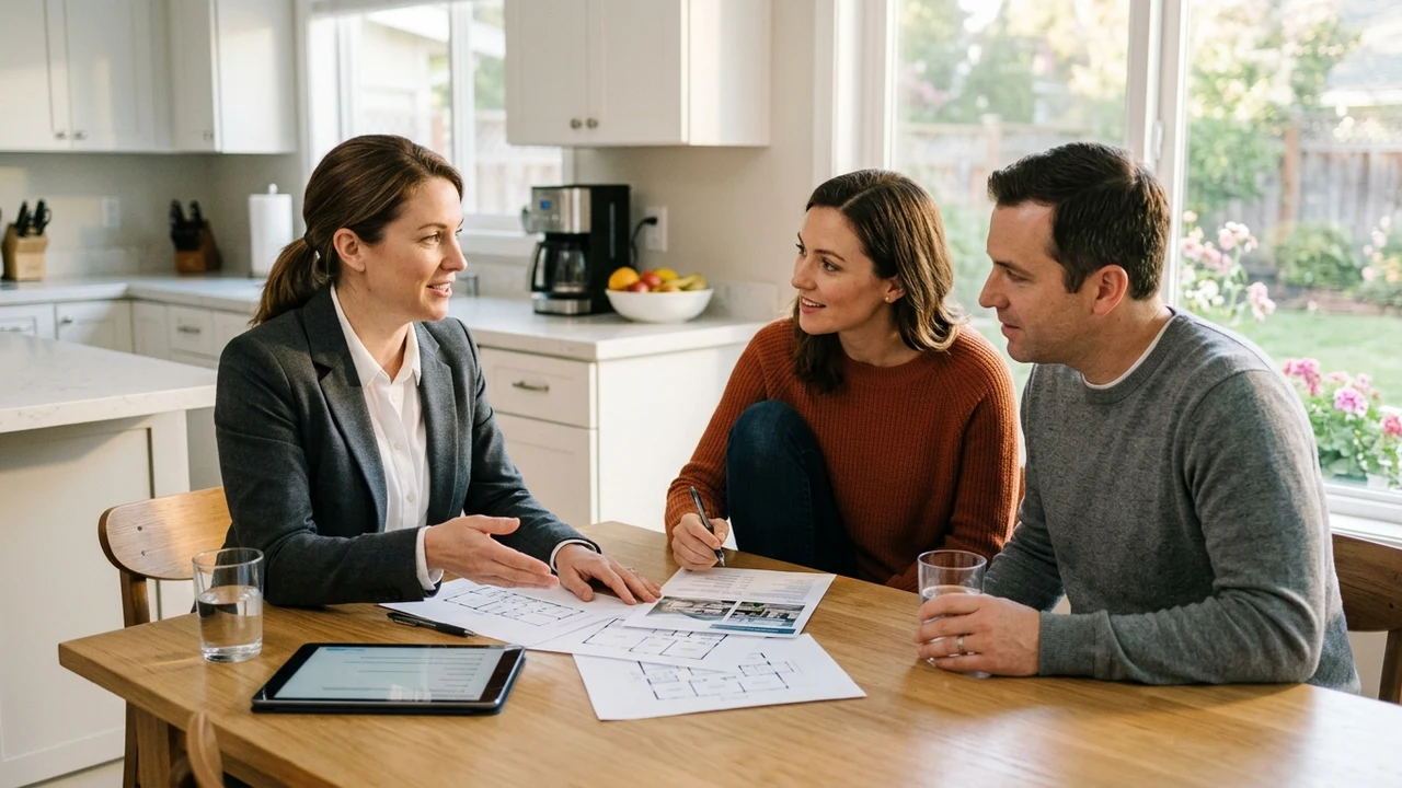 Real estate advisor in plain charcoal blazer reviewing purchase agreement contingencies with homeowners