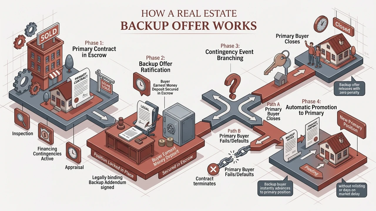 3D real estate flowchart illustrating the progression from primary escrow contract to backup addendum ratification and first-position promotion