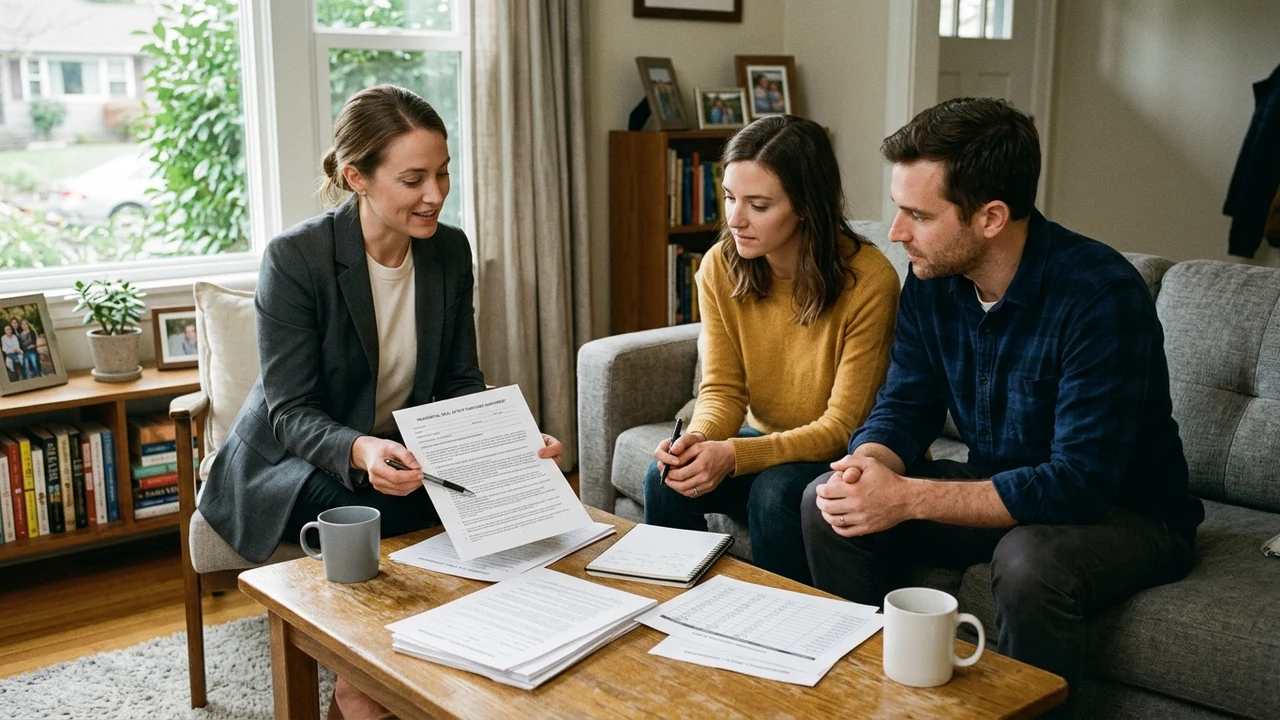 Professional real estate agent consulting with homeowners at a dining table regarding backup offer terms and escalation clauses