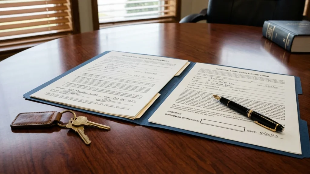 Real estate settlement desk with purchase agreement files loan disclosures and house keys