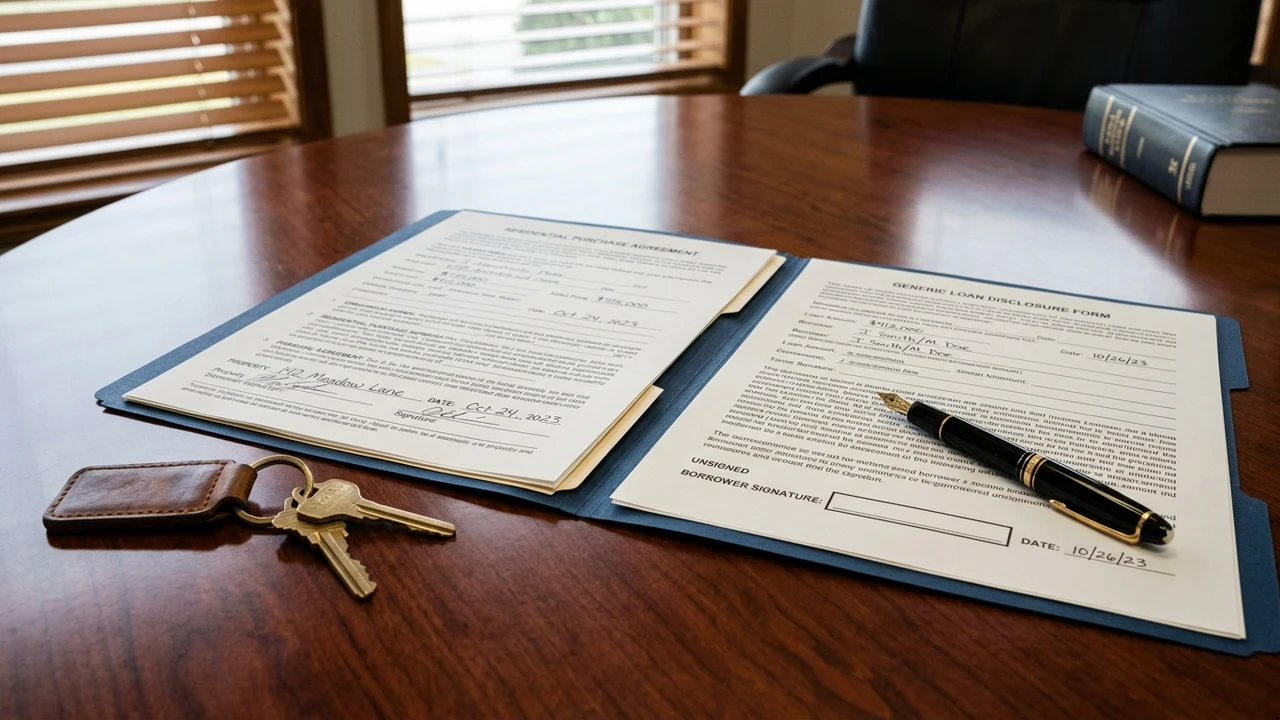 Real estate settlement desk with purchase agreement files loan disclosures and house keys