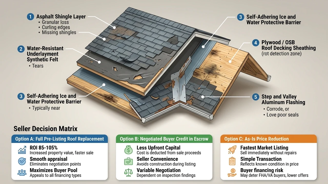 Figure 1: 3D exploded cutaway diagram of residential roof layers and seller decision options before listing