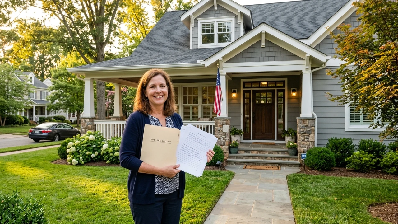 Residential homeowner on the front porch of a charming Richmond Virginia home reviewing an offer contract folder and purchase terms